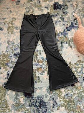 Black Faux Leather Flared Pants
